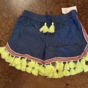 crown & ivy Blue Shorts with Neon Green Tassels